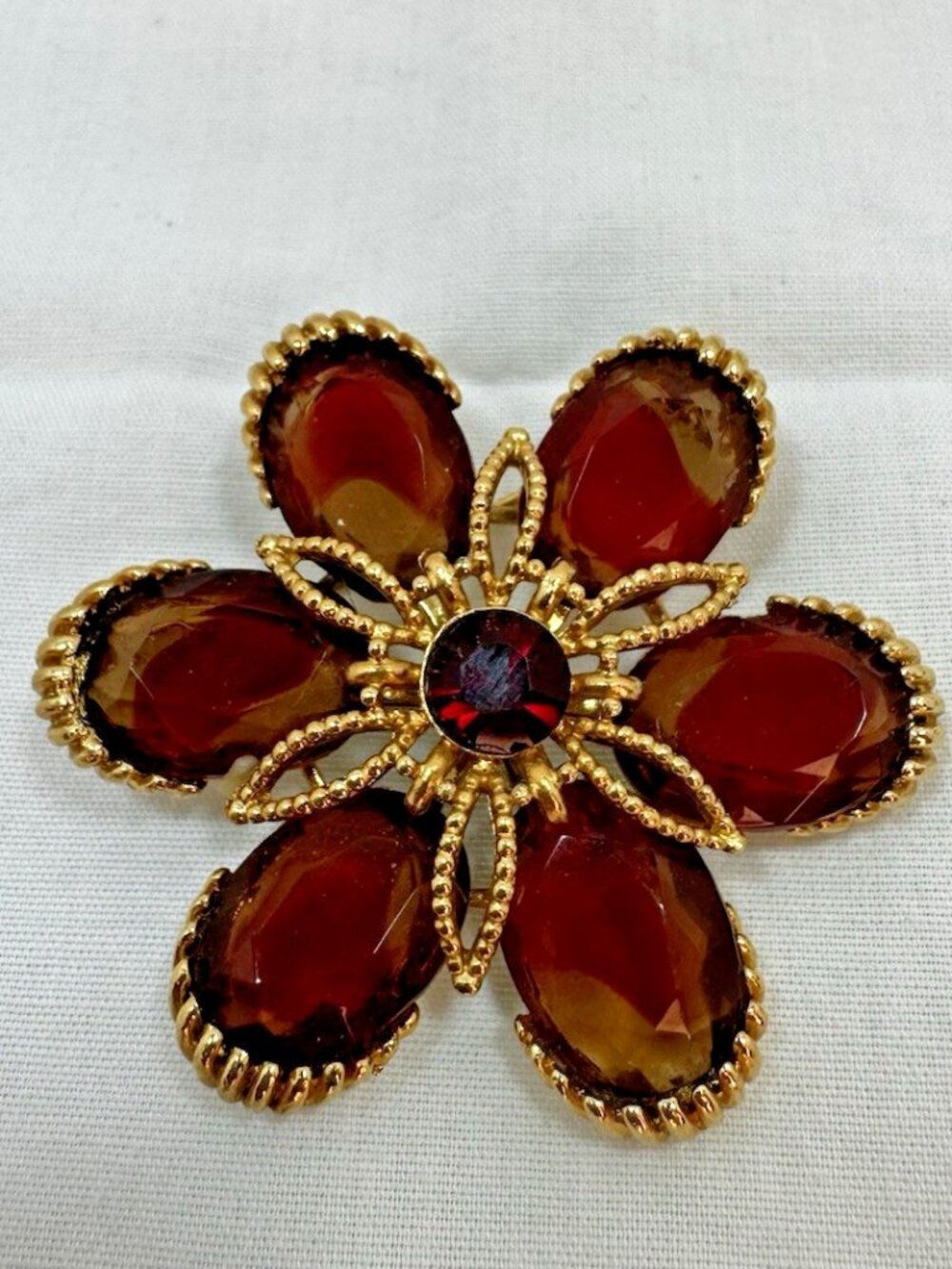 Vintage Gold Tone Flower Brooch, Amber & Ruby Red Rhinestone Floral Pin, MCM
